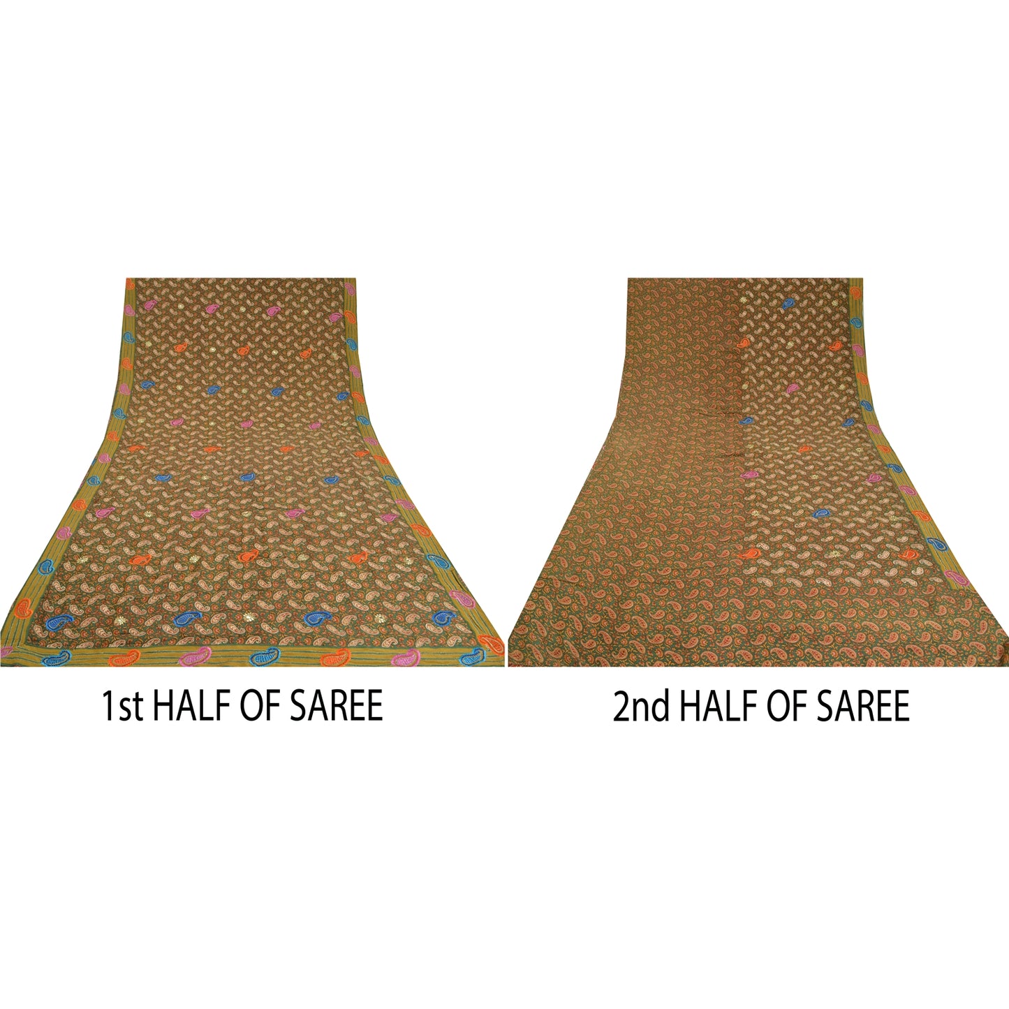 Sanskriti Vintage Sarees Green Embroidered Pure Crepe Silk Printed Sari Sustainable Fabric