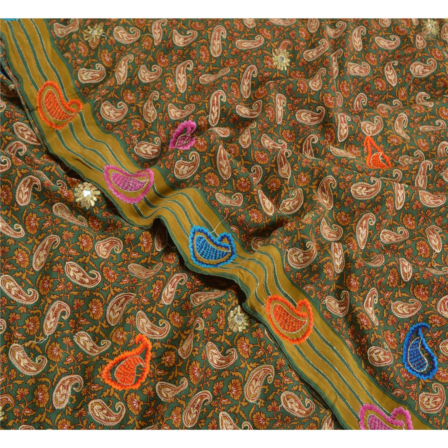 Sanskriti Vintage Sarees Green Embroidered Pure Crepe Silk Printed Sari Sustainable Fabric