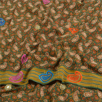 Sanskriti Vintage Sarees Green Embroidered Pure Crepe Silk Printed Sari Sustainable Fabric
