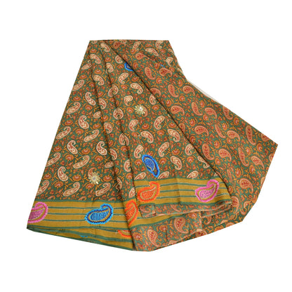 Sanskriti Vintage Sarees Green Embroidered Pure Crepe Silk Printed Sari Sustainable Fabric