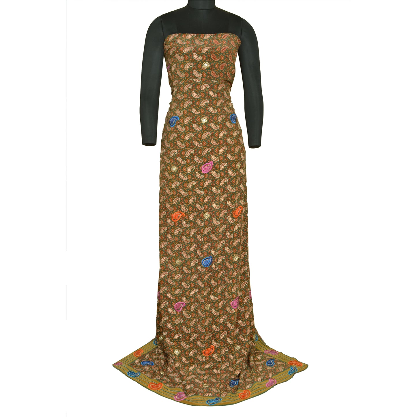 Sanskriti Vintage Sarees Green Embroidered Pure Crepe Silk Printed Sari Sustainable Fabric