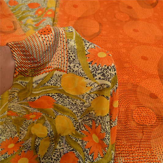 Sanskriti Vintage Sarees Orange/Green Pure Crepe Silk Printed Sari Craft Sustainable Fabric