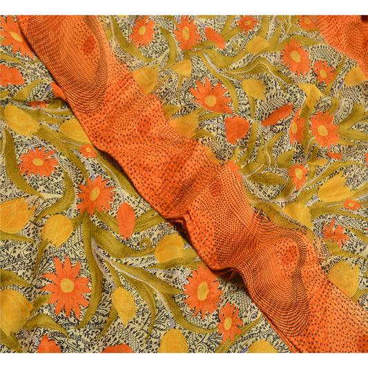 Sanskriti Vintage Sarees Orange/Green Pure Crepe Silk Printed Sari Craft Sustainable Fabric