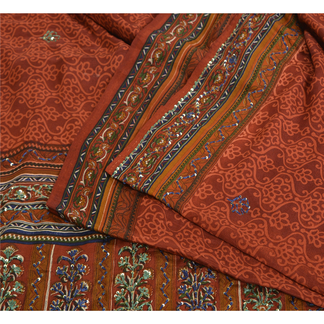 Sanskriti Vintage Sarees Burnt Red Hand Beaded Pure Crepe Silk Sari Craft Fabric