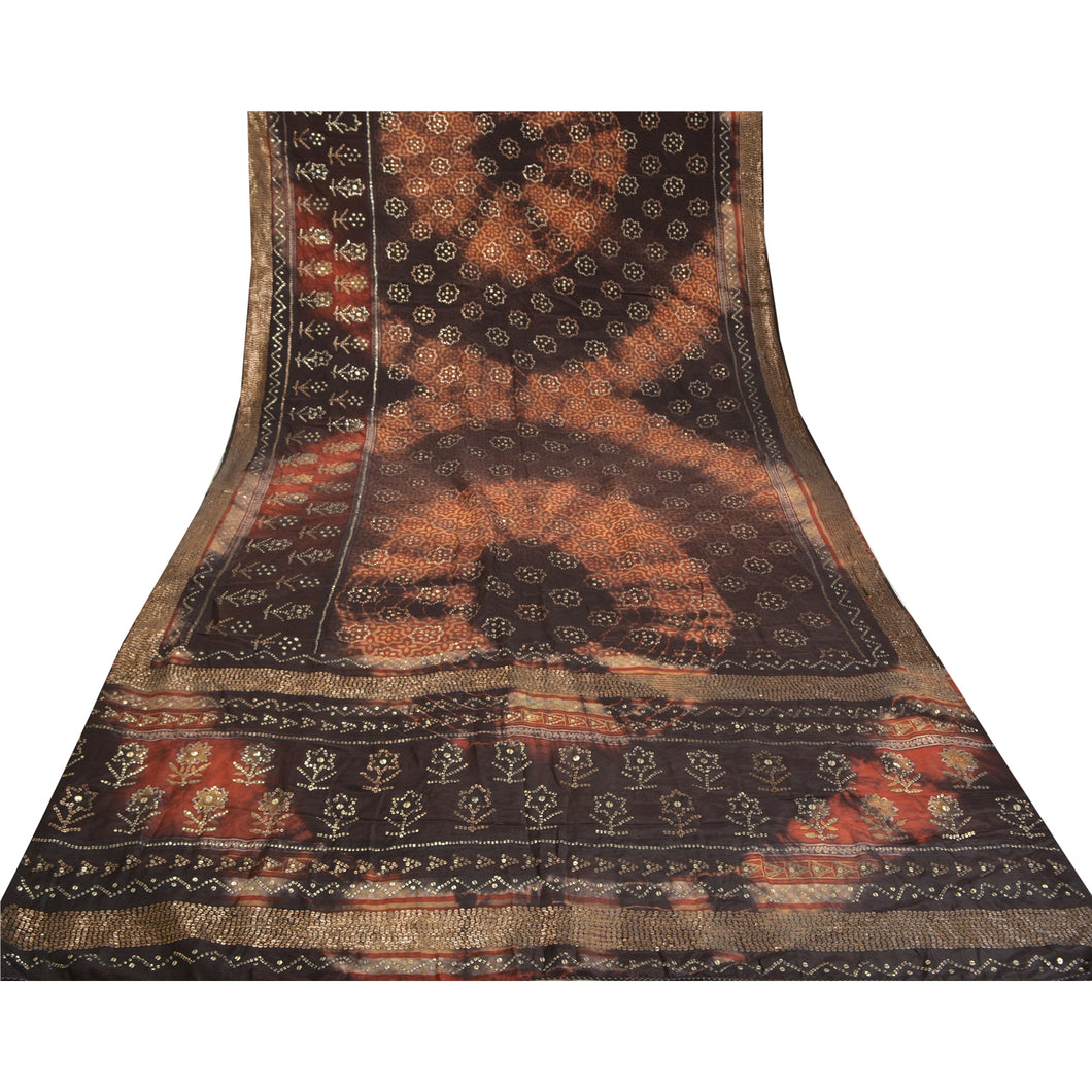 Sanskriti Vintage Brown Sarees Pure Crepe Silk Printed Tie-Dye Sari Craft Fabric
