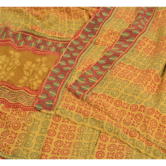 Sanskriti Vintage Sarees Yellow Pure Crepe Silk Printed Sari Soft Craft Sustainable Fabric