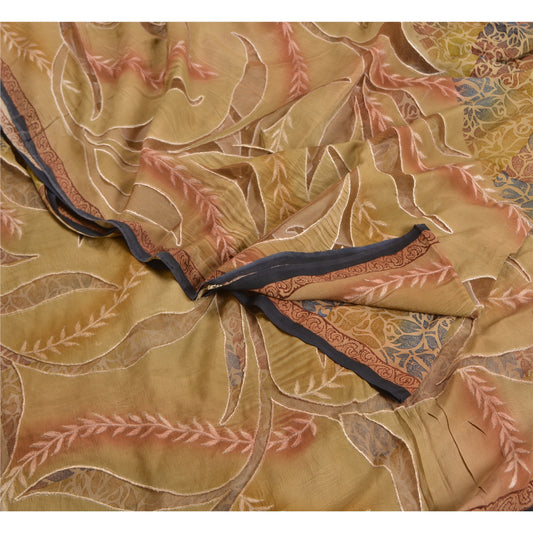 Sanskriti Vintage Sarees Pure Crepe Silk Print Embroidered Sari 5yd Craft Sustainable Fabric
