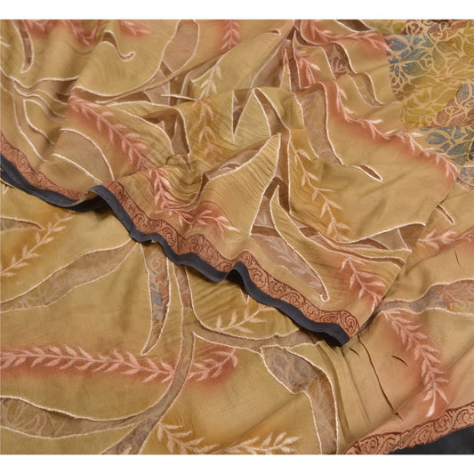 Sanskriti Vintage Sarees Pure Crepe Silk Print Embroidered Sari 5yd Craft Sustainable Fabric