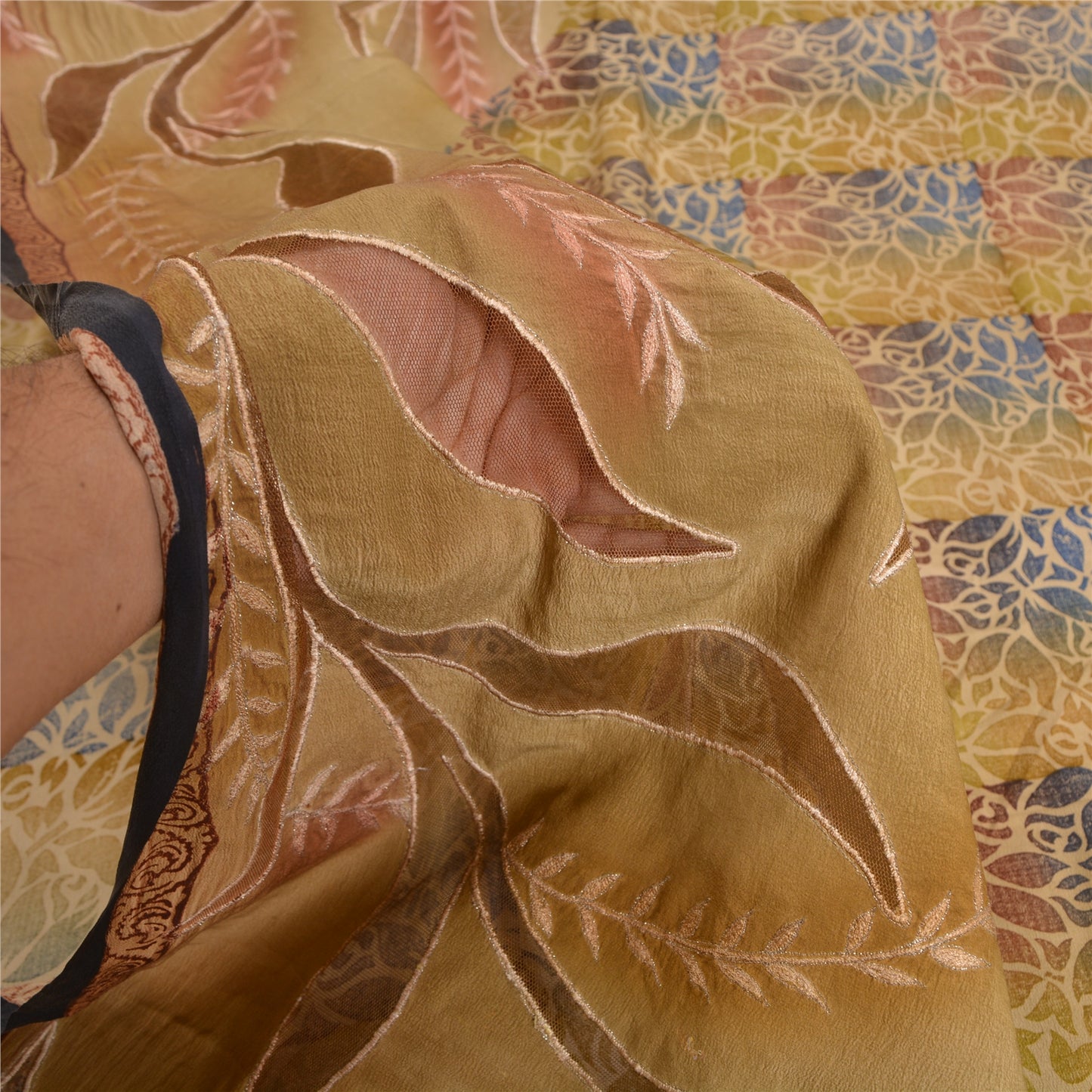 Sanskriti Vintage Sarees Pure Crepe Silk Print Embroidered Sari 5yd Craft Sustainable Fabric