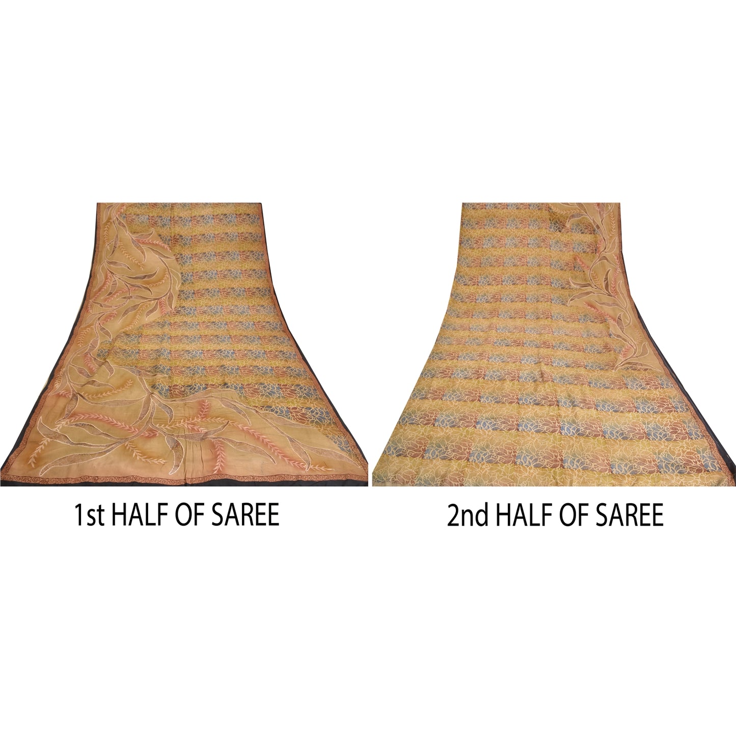 Sanskriti Vintage Sarees Pure Crepe Silk Print Embroidered Sari 5yd Craft Sustainable Fabric