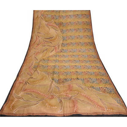 Sanskriti Vintage Sarees Pure Crepe Silk Print Embroidered Sari 5yd Craft Sustainable Fabric