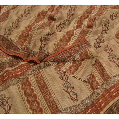 Сари в винтажном стиле санскрити, оранжево-кремовый, чистый креп-шелк, напечатанный на ткани для сари, ремесло, устойчивая ткань