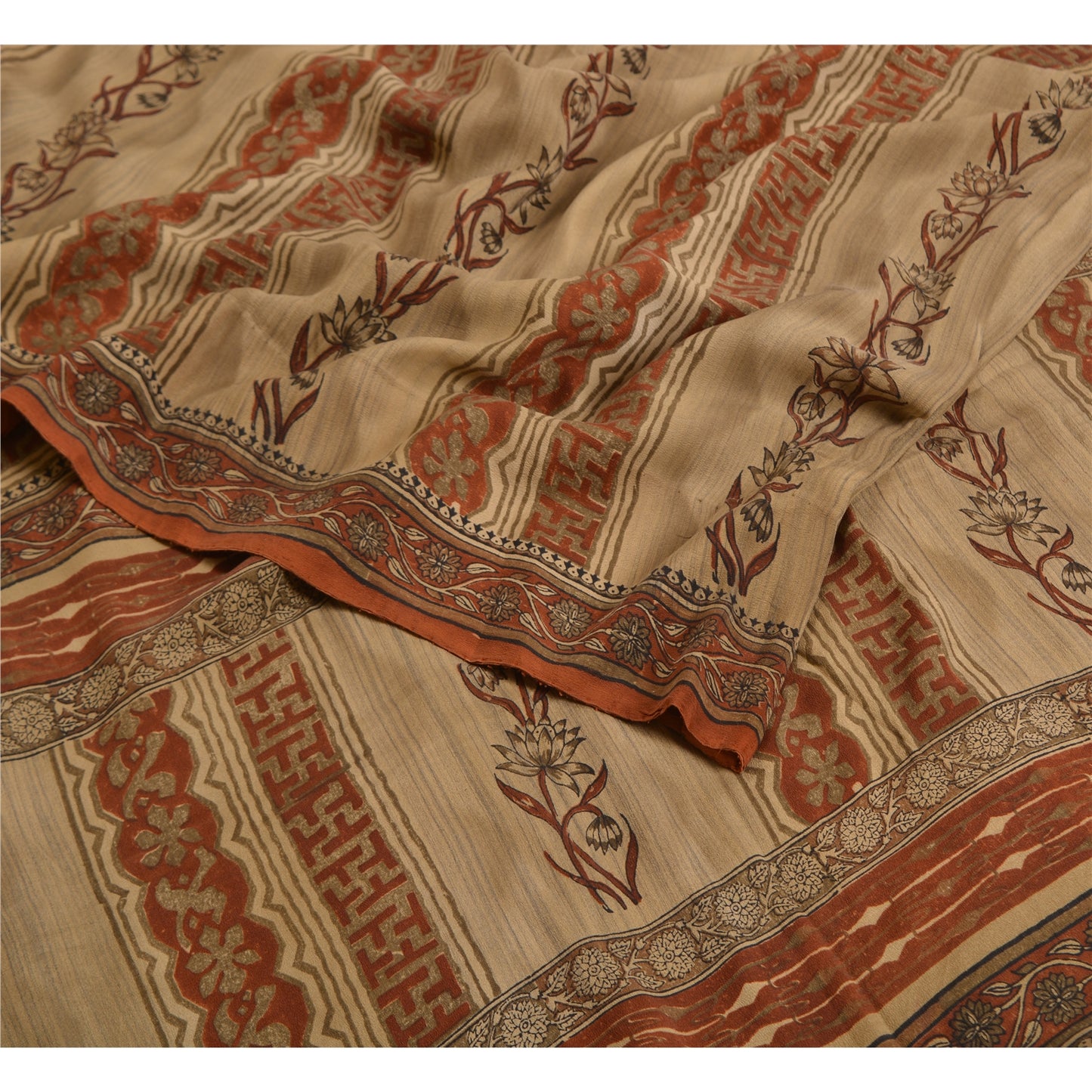 Сари в винтажном стиле санскрити, оранжево-кремовый, чистый креп-шелк, напечатанный на ткани для сари, ремесло, устойчивая ткань