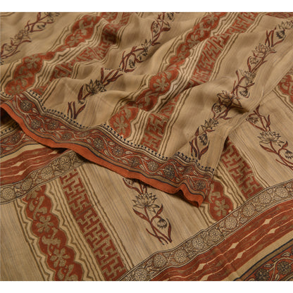 Сари в винтажном стиле санскрити, оранжево-кремовый, чистый креп-шелк, напечатанный на ткани для сари, ремесло, устойчивая ткань