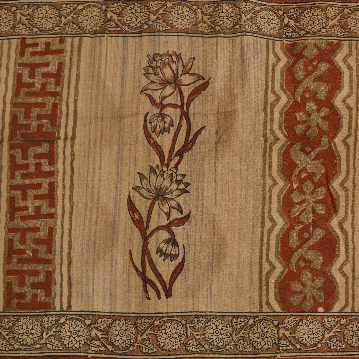 Сари в винтажном стиле санскрити, оранжево-кремовый, чистый креп-шелк, напечатанный на ткани для сари, ремесло, устойчивая ткань