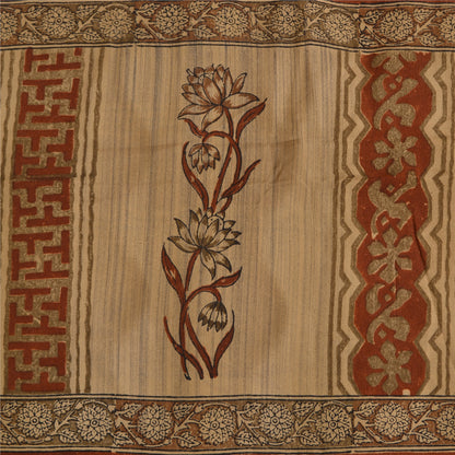 Сари в винтажном стиле санскрити, оранжево-кремовый, чистый креп-шелк, напечатанный на ткани для сари, ремесло, устойчивая ткань