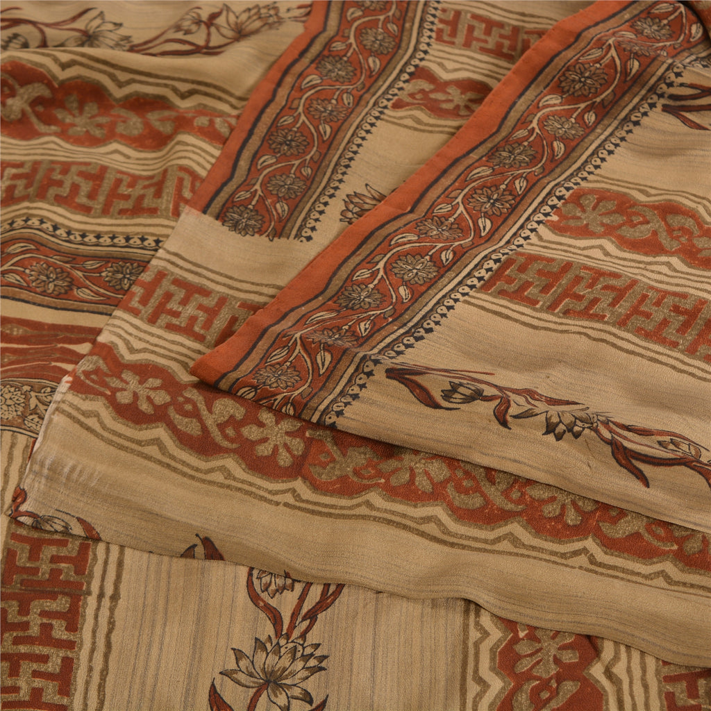 Сари в винтажном стиле санскрити, оранжево-кремовый, чистый креп-шелк, напечатанный на ткани для сари, ремесло, устойчивая ткань