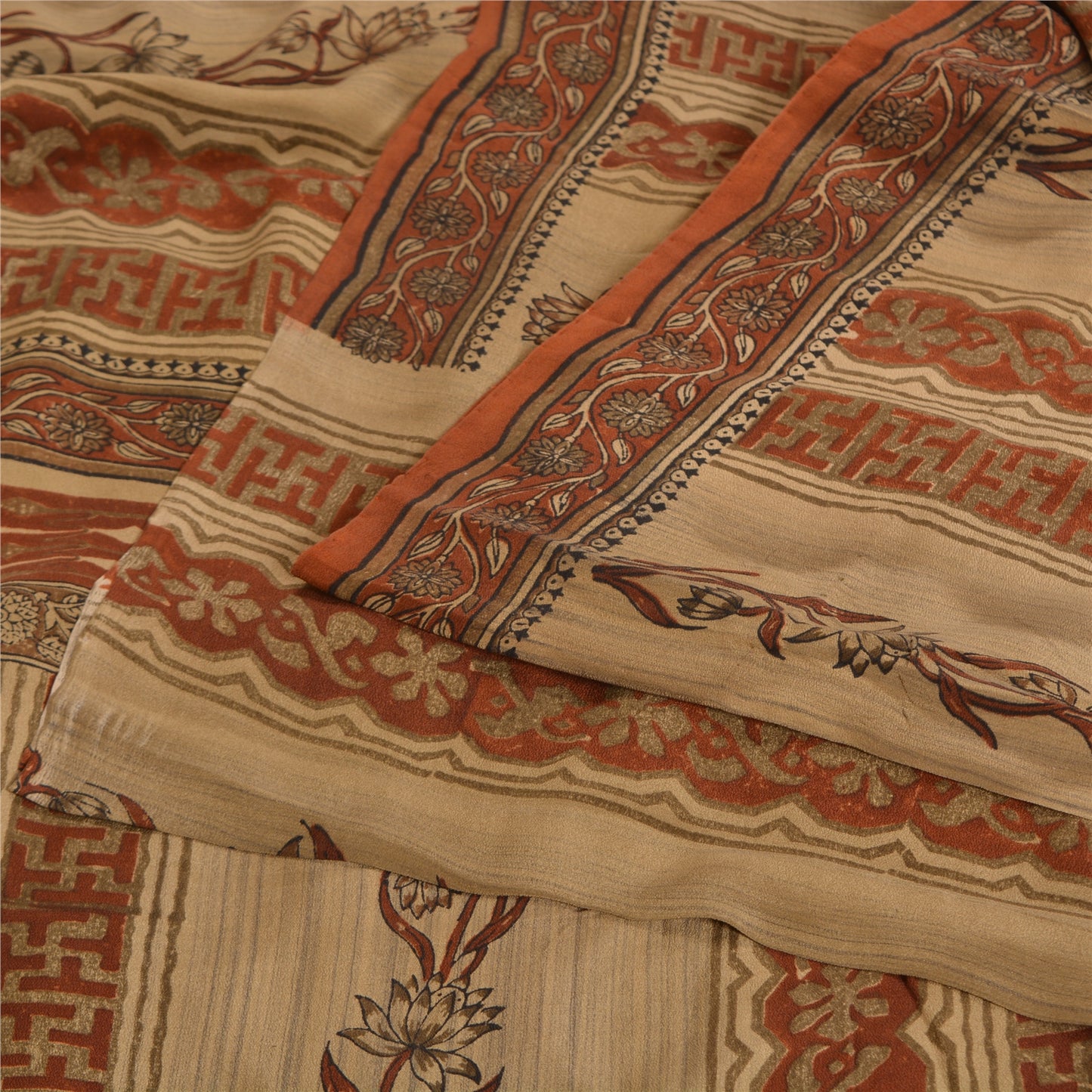 Сари в винтажном стиле санскрити, оранжево-кремовый, чистый креп-шелк, напечатанный на ткани для сари, ремесло, устойчивая ткань