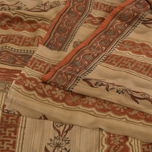 Sanskriti Vintage Sarees Orange/Cream Pure Crepe Silk Printed Sari Craft Sustainable Fabric