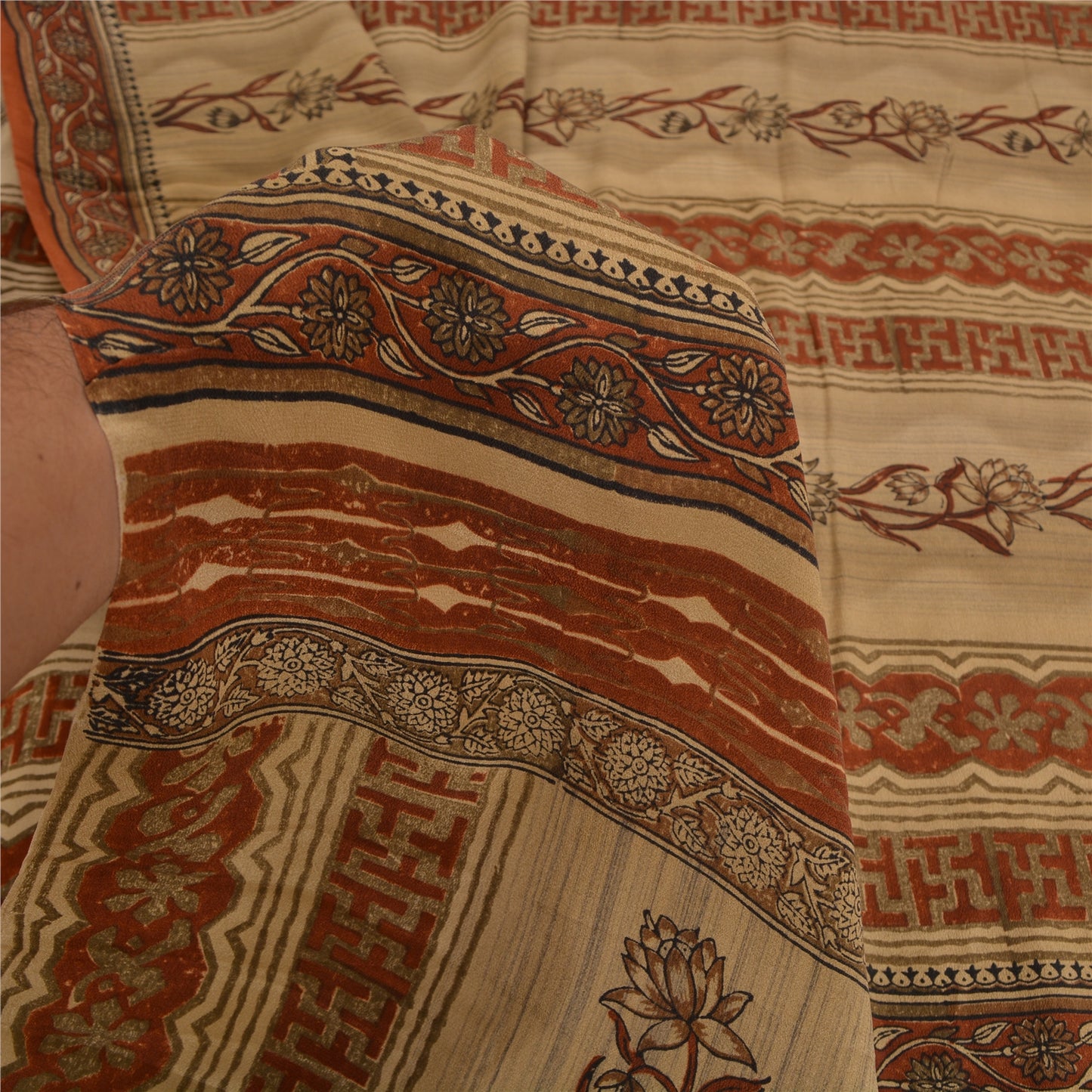 Сари в винтажном стиле санскрити, оранжево-кремовый, чистый креп-шелк, напечатанный на ткани для сари, ремесло, устойчивая ткань