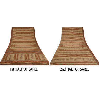 Сари в винтажном стиле санскрити, оранжево-кремовый, чистый креп-шелк, напечатанный на ткани для сари, ремесло, устойчивая ткань