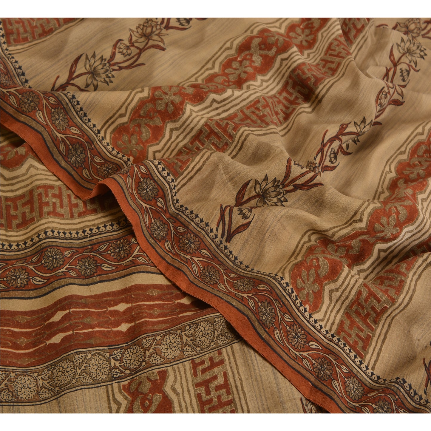 Сари в винтажном стиле санскрити, оранжево-кремовый, чистый креп-шелк, напечатанный на ткани для сари, ремесло, устойчивая ткань