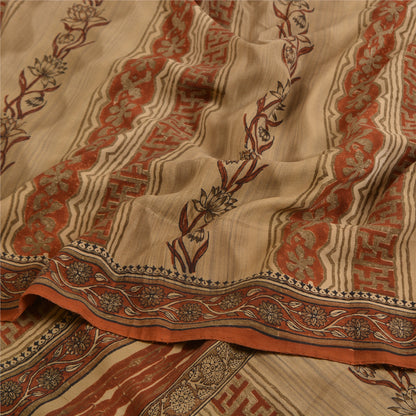 Сари в винтажном стиле санскрити, оранжево-кремовый, чистый креп-шелк, напечатанный на ткани для сари, ремесло, устойчивая ткань