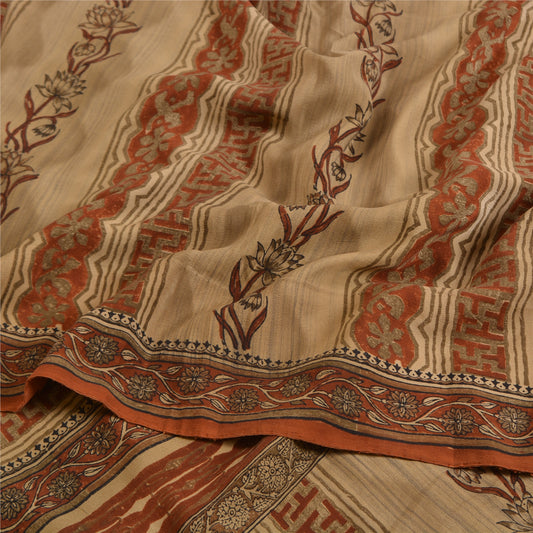 Sanskriti Vintage Sarees Orange/Cream Pure Crepe Silk Printed Sari Craft Sustainable Fabric