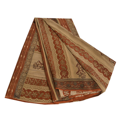 Сари в винтажном стиле санскрити, оранжево-кремовый, чистый креп-шелк, напечатанный на ткани для сари, ремесло, устойчивая ткань