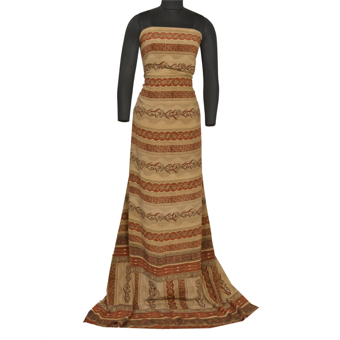 Сари в винтажном стиле санскрити, оранжево-кремовый, чистый креп-шелк, напечатанный на ткани для сари, ремесло, устойчивая ткань