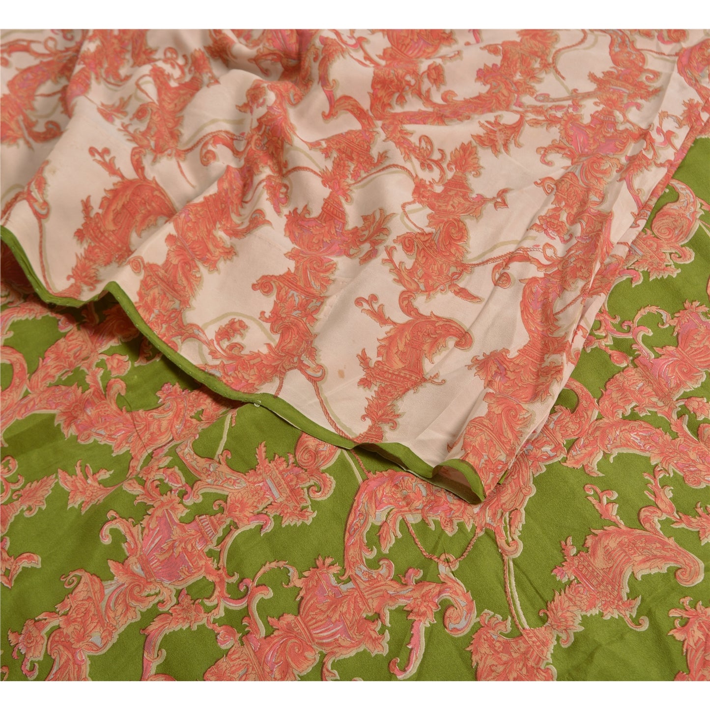 Sanskriti Vintage Sarees Red/Green Pure Crepe Silk Printed Sari 5yd Craft Sustainable Fabric