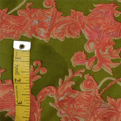 Sanskriti Vintage Sarees Red/Green Pure Crepe Silk Printed Sari 5yd Craft Sustainable Fabric