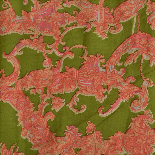 Sanskriti Vintage Sarees Red/Green Pure Crepe Silk Printed Sari 5yd Craft Sustainable Fabric