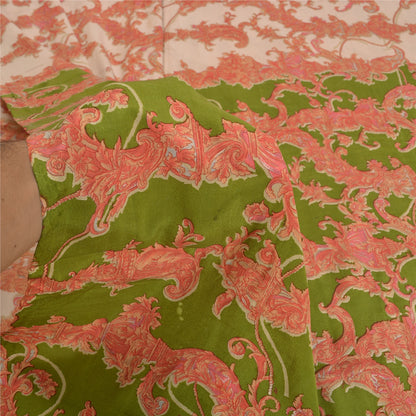 Sanskriti Vintage Sarees Red/Green Pure Crepe Silk Printed Sari 5yd Craft Sustainable Fabric