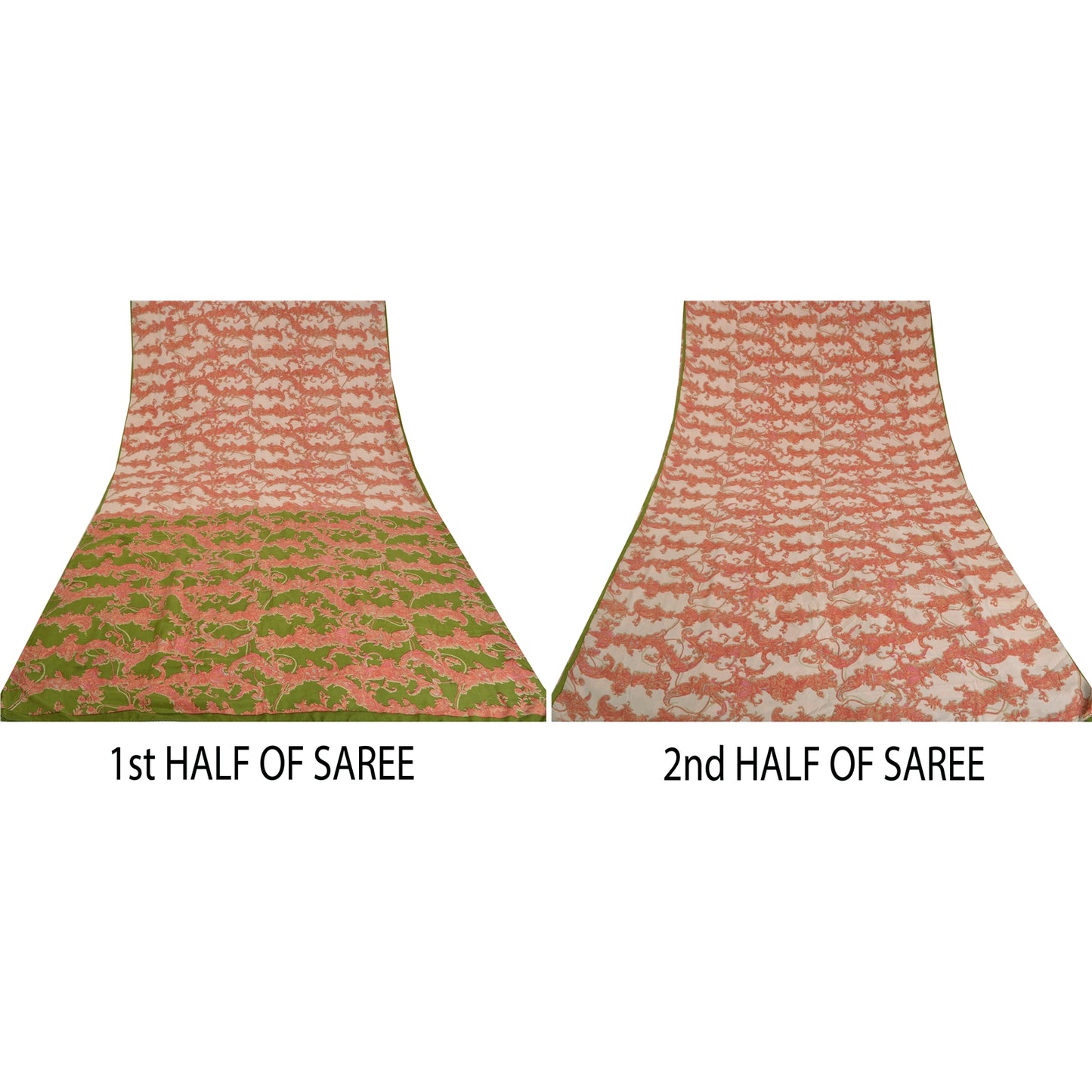 Sanskriti Vintage Sarees Red/Green Pure Crepe Silk Printed Sari 5yd Craft Sustainable Fabric