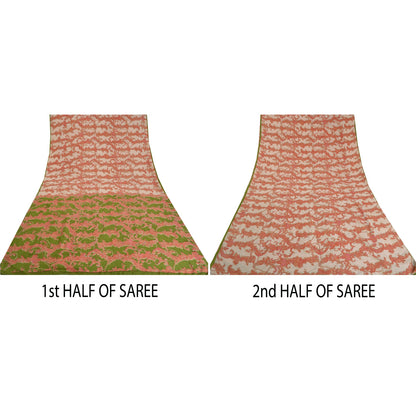 Sanskriti Vintage Sarees Red/Green Pure Crepe Silk Printed Sari 5yd Craft Sustainable Fabric