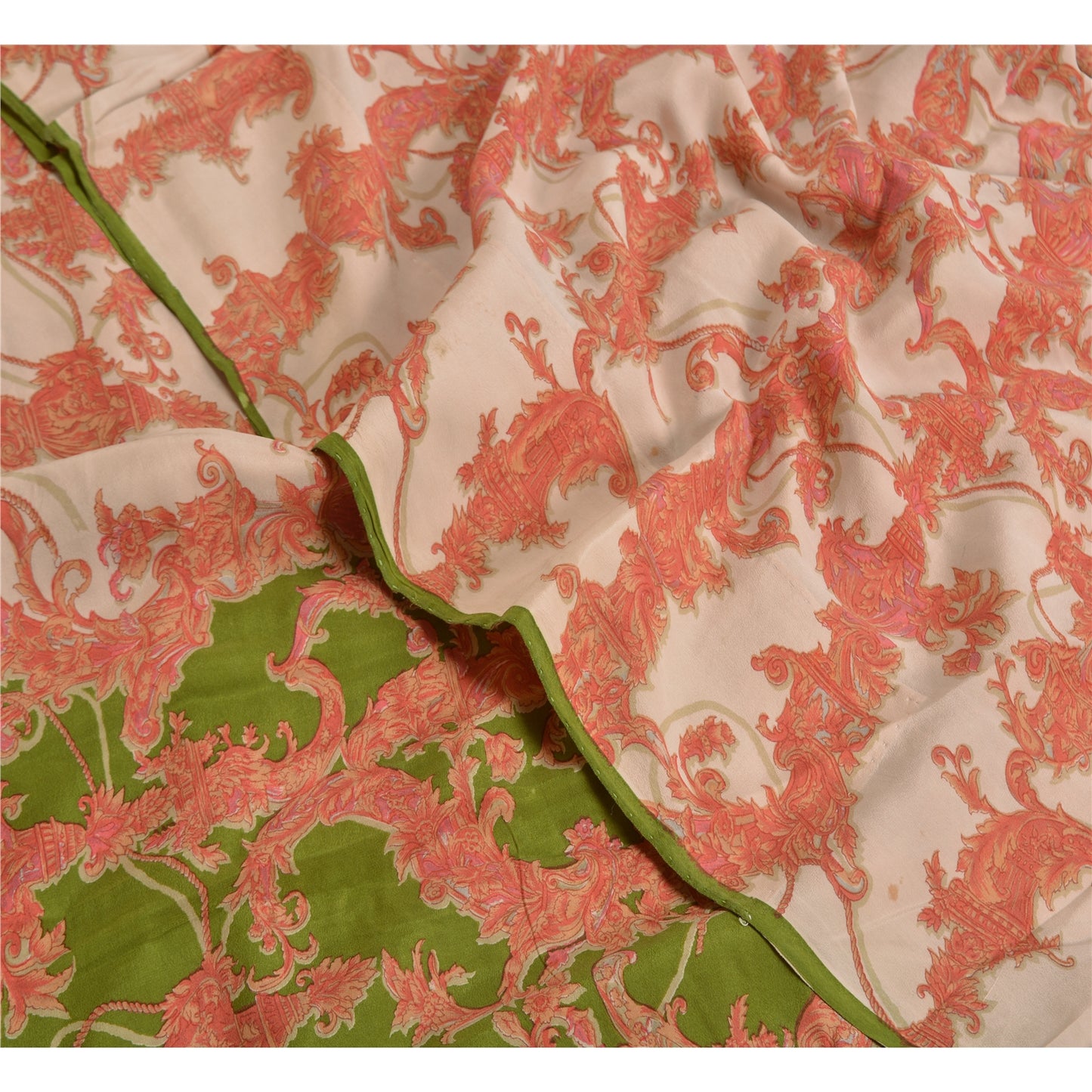 Sanskriti Vintage Sarees Red/Green Pure Crepe Silk Printed Sari 5yd Craft Sustainable Fabric