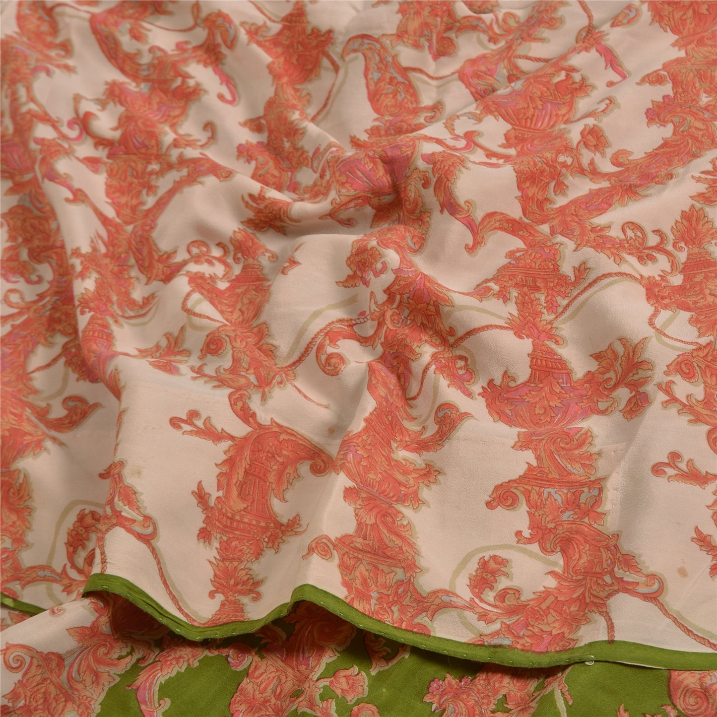 Sanskriti Vintage Sarees Red/Green Pure Crepe Silk Printed Sari 5yd Craft Sustainable Fabric