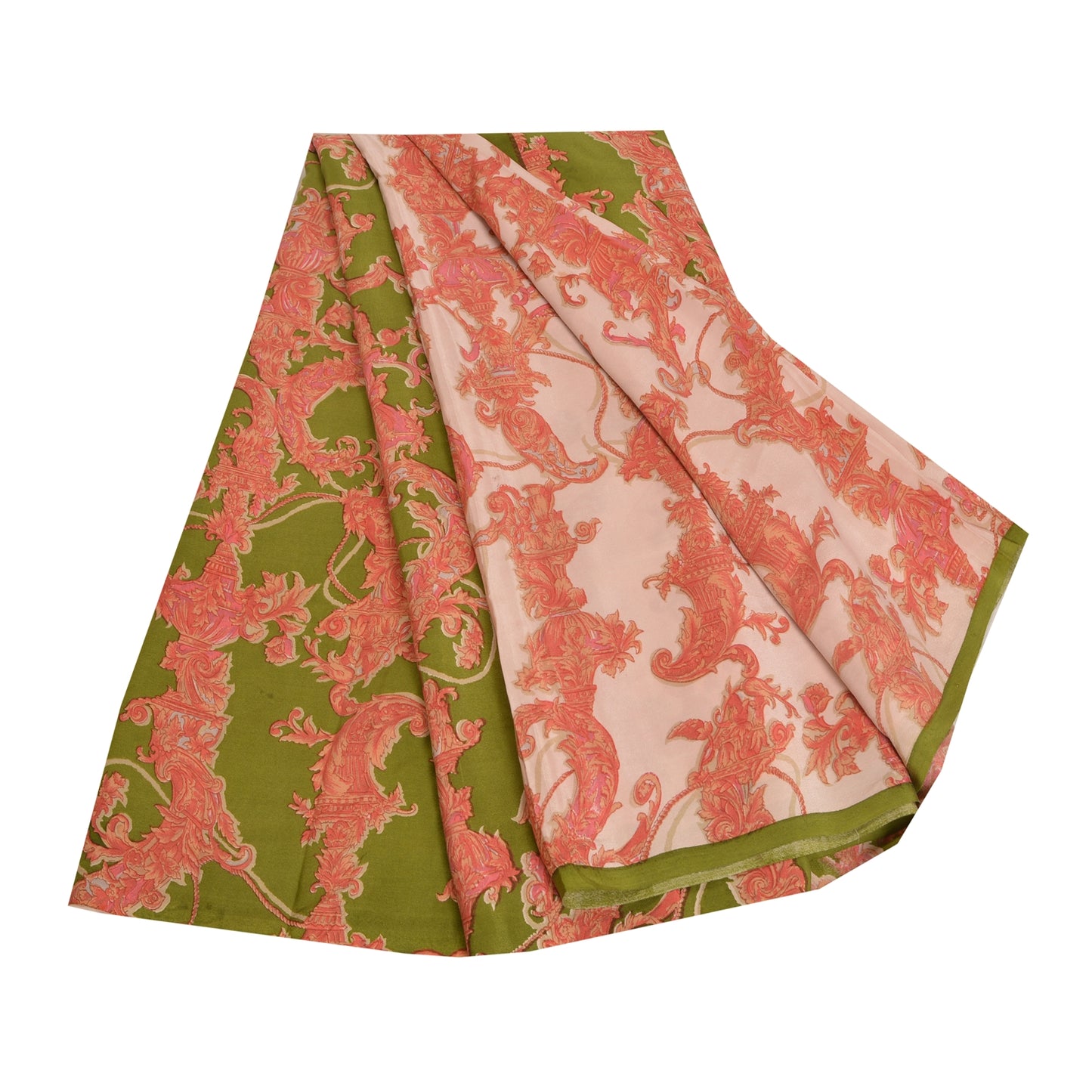 Sanskriti Vintage Sarees Red/Green Pure Crepe Silk Printed Sari 5yd Craft Sustainable Fabric