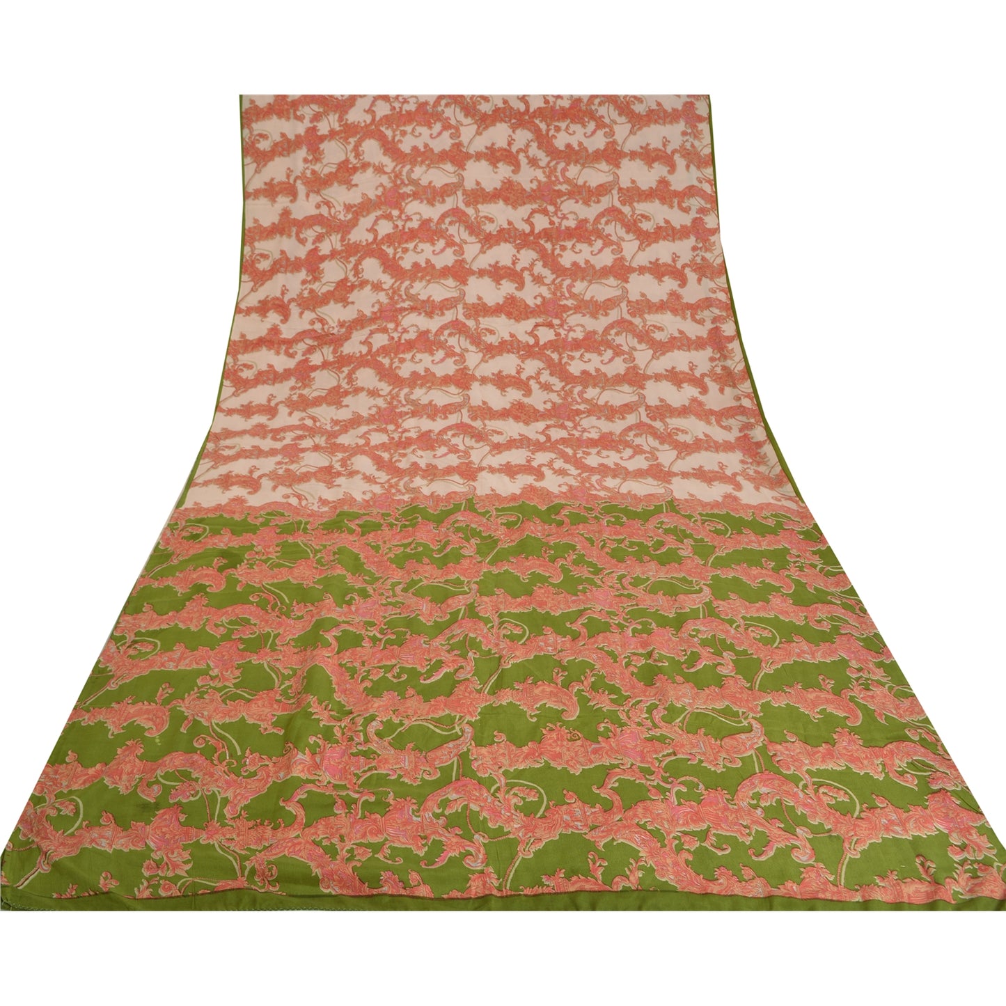 Sanskriti Vintage Sarees Red/Green Pure Crepe Silk Printed Sari 5yd Craft Sustainable Fabric