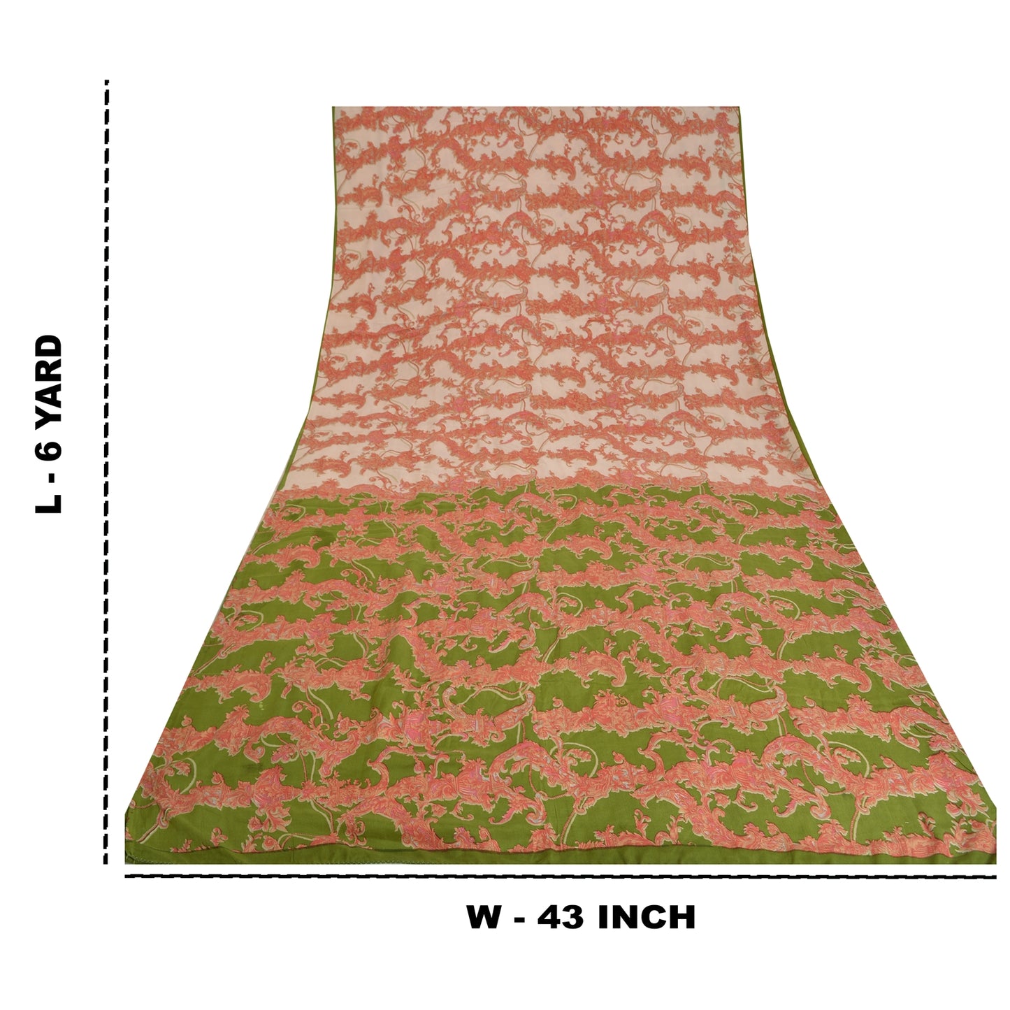 Sanskriti Vintage Sarees Red/Green Pure Crepe Silk Printed Sari 5yd Craft Sustainable Fabric