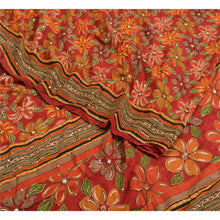 Load image into Gallery viewer, Sanskriti Vintage Sarees Red Hand Beaded Pure Crepe Silk Print Sari Craft Fabric
