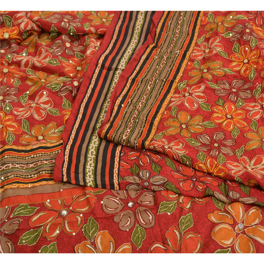 Sanskriti Vintage Sarees Red Hand Beaded Pure Crepe Silk Print Sari Craft Sustainable Fabric