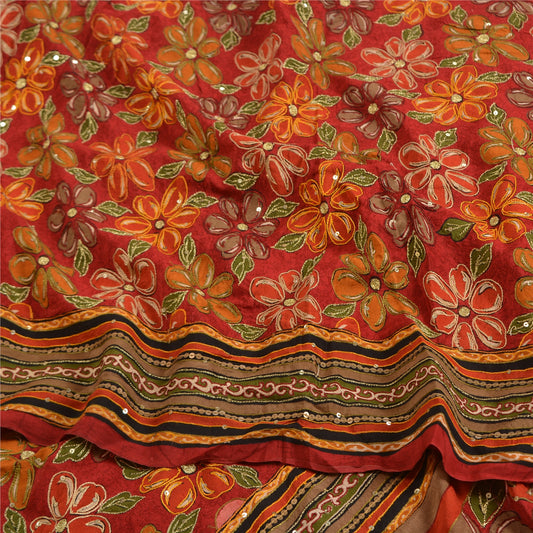 Sanskriti Vintage Sarees Red Hand Beaded Pure Crepe Silk Print Sari Craft Sustainable Fabric