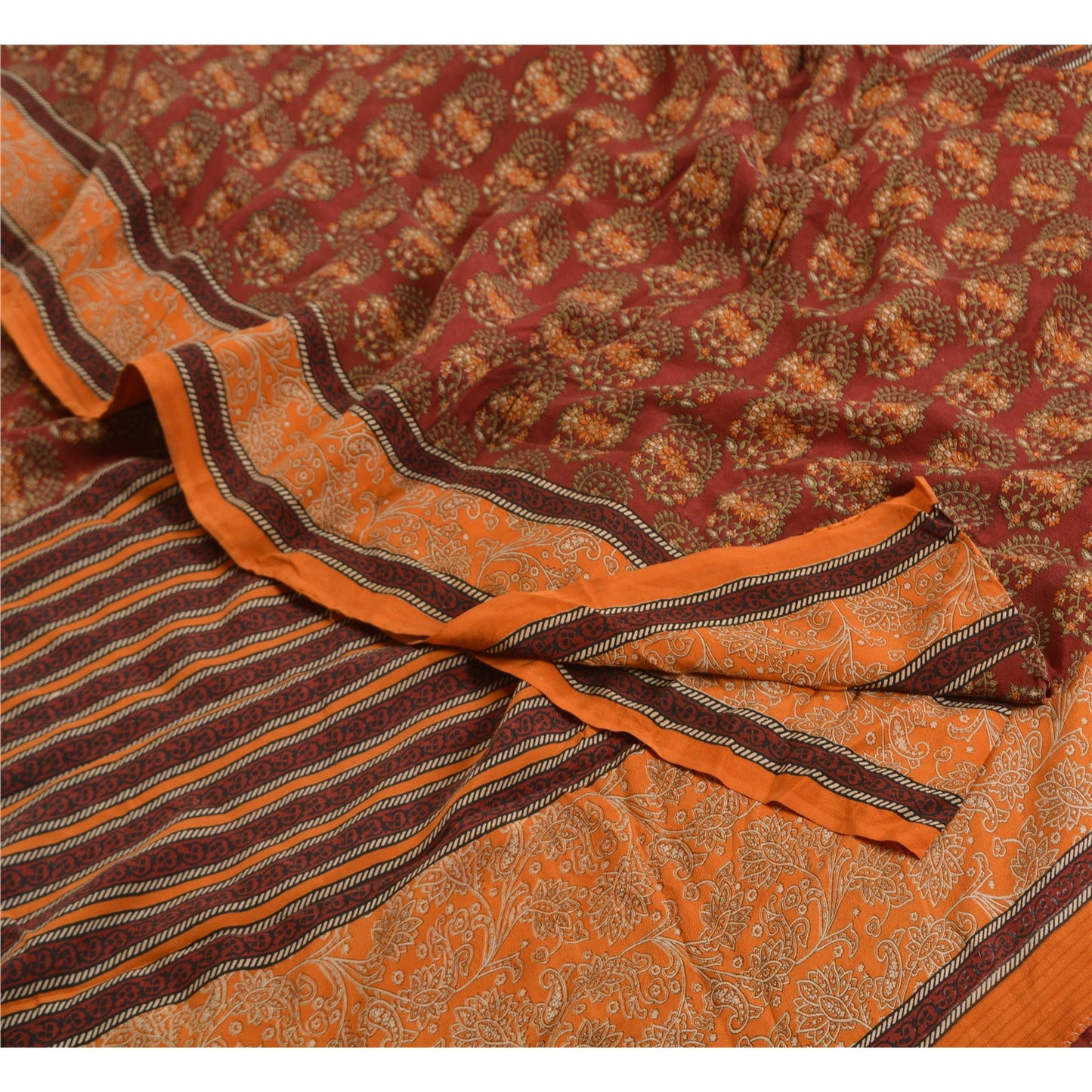 Sanskriti Vintage Sarees Red/Orange Pure Crepe Silk Printed Sari Craft Sustainable Fabric