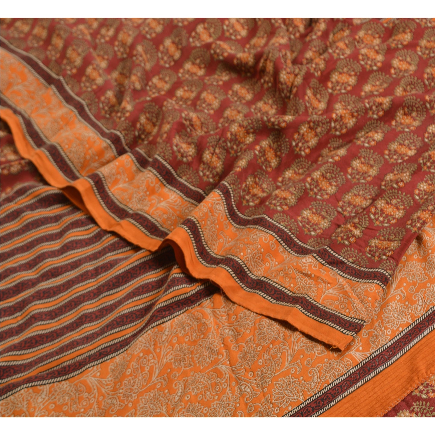 Sanskriti Vintage Sarees Red/Orange Pure Crepe Silk Printed Sari Craft Sustainable Fabric