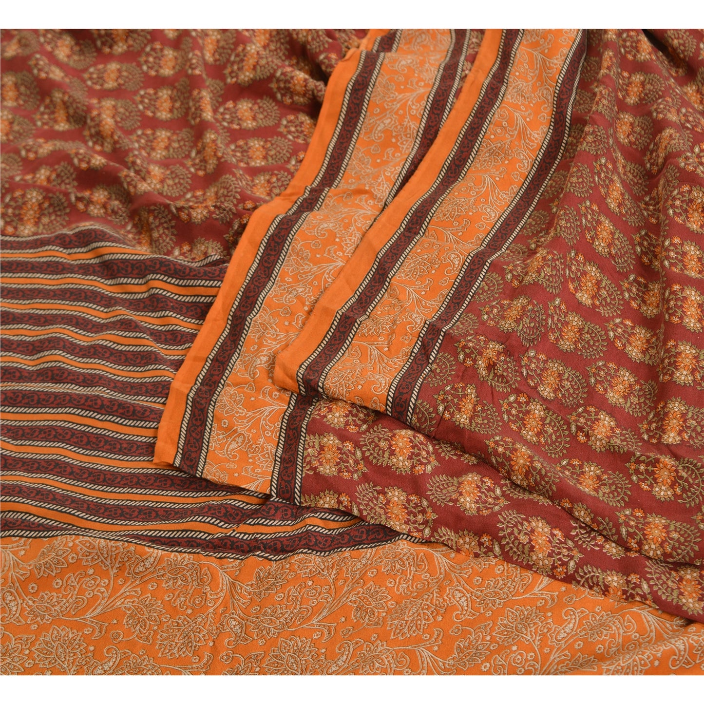 Sanskriti Vintage Sarees Red/Orange Pure Crepe Silk Printed Sari Craft Sustainable Fabric