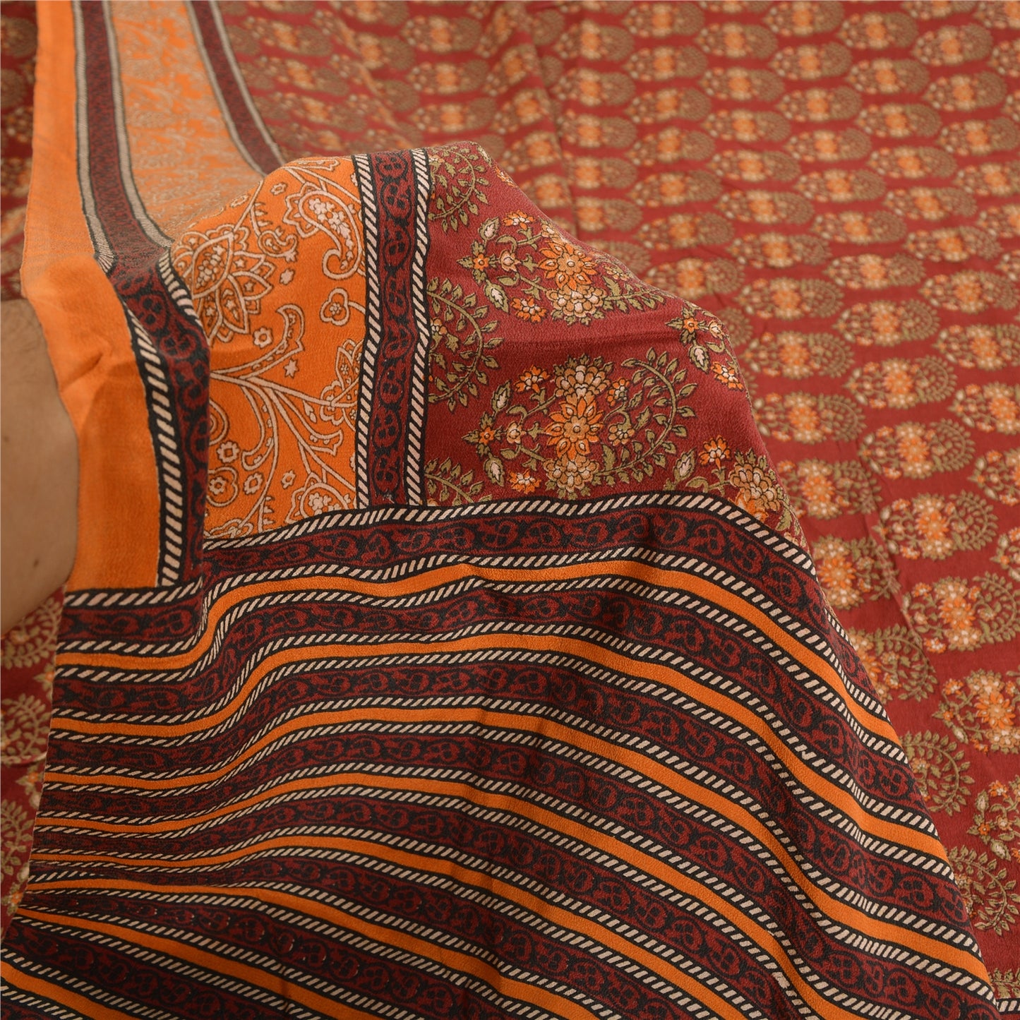 Sanskriti Vintage Sarees Red/Orange Pure Crepe Silk Printed Sari Craft Sustainable Fabric