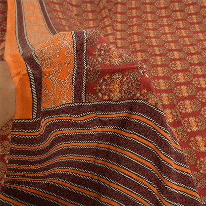 Sanskriti Vintage Sarees Red/Orange Pure Crepe Silk Printed Sari Craft Sustainable Fabric