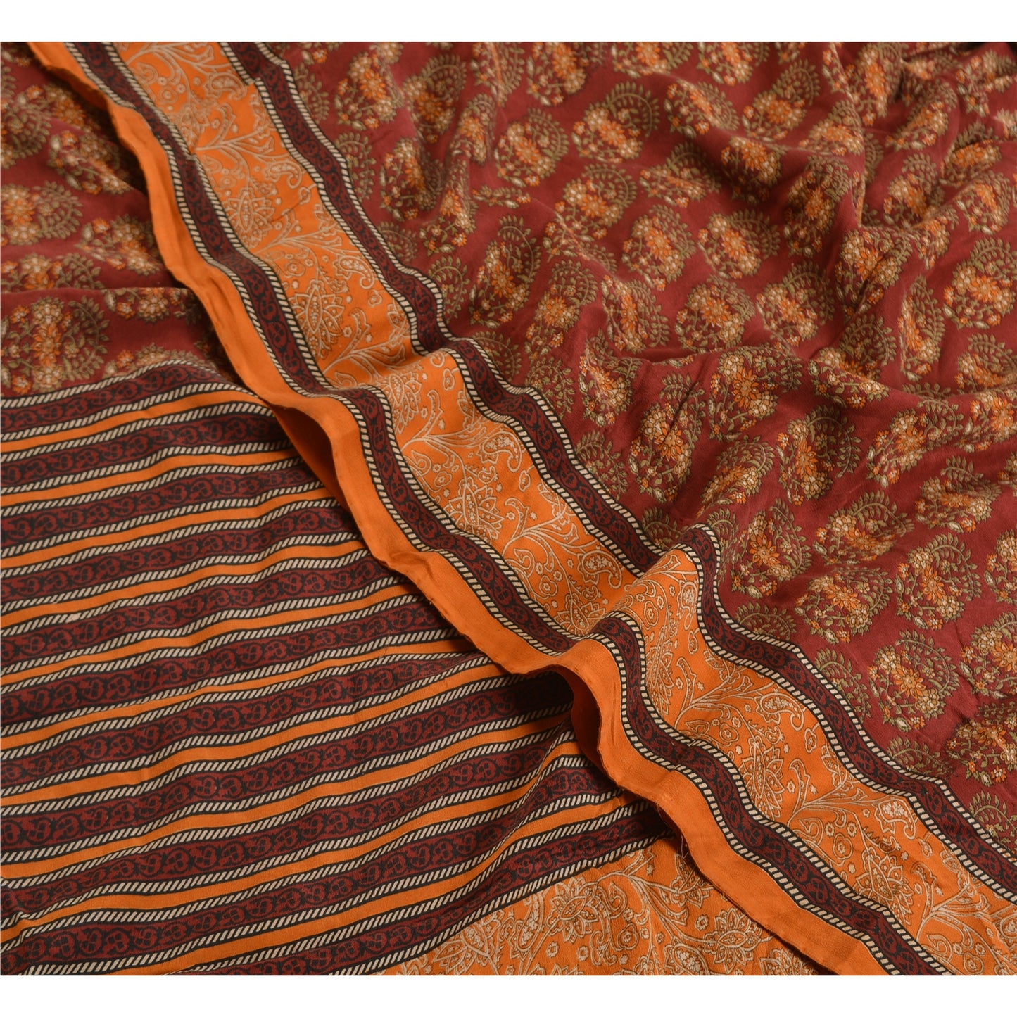 Sanskriti Vintage Sarees Red/Orange Pure Crepe Silk Printed Sari Craft Sustainable Fabric